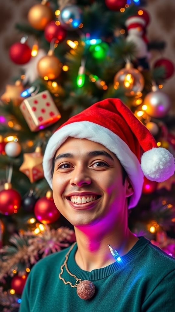 Christmas Profile Picture Ideas A joyful person in a Santa hat with Christmas decorations in the background.
